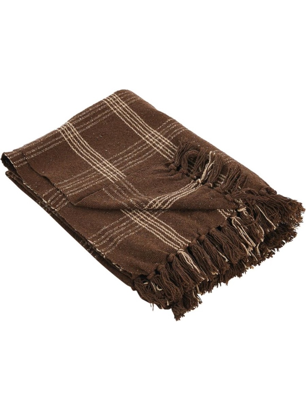 CREATIVE CO-OP NWT Recycled Cotton Blend Throw Blanket with Fringe -Brown Plaid